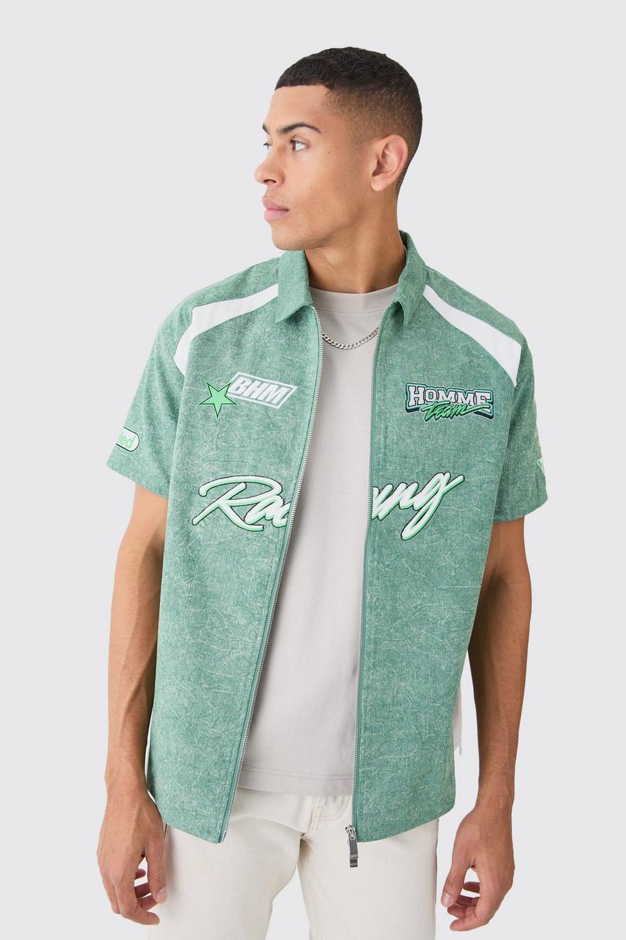 Camisa de sarga desteñida con emblema de motociclismo y cremallera, Green