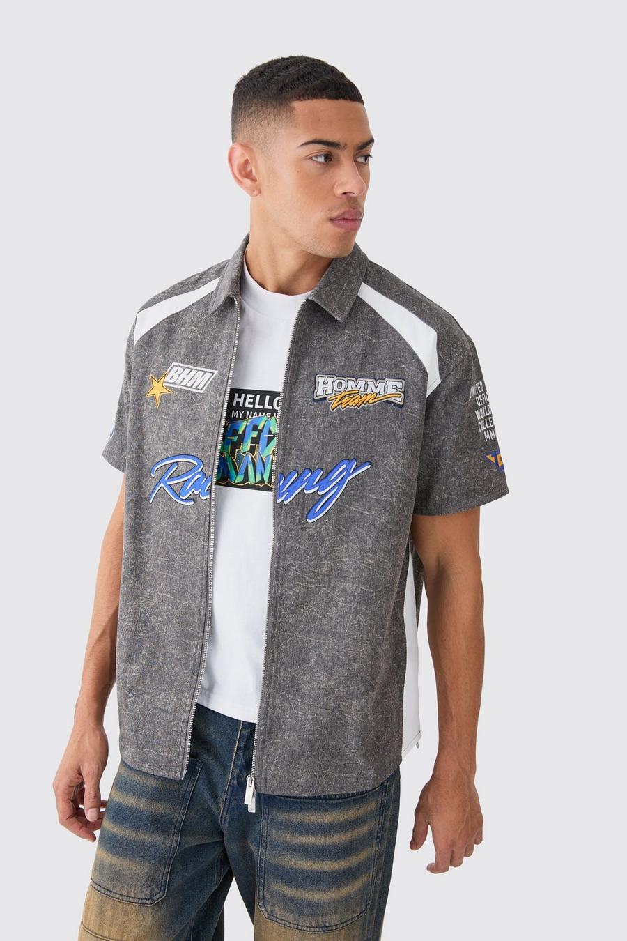 Camisa de sarga desteñida con emblema de motociclismo y cremallera, Grey image number 1