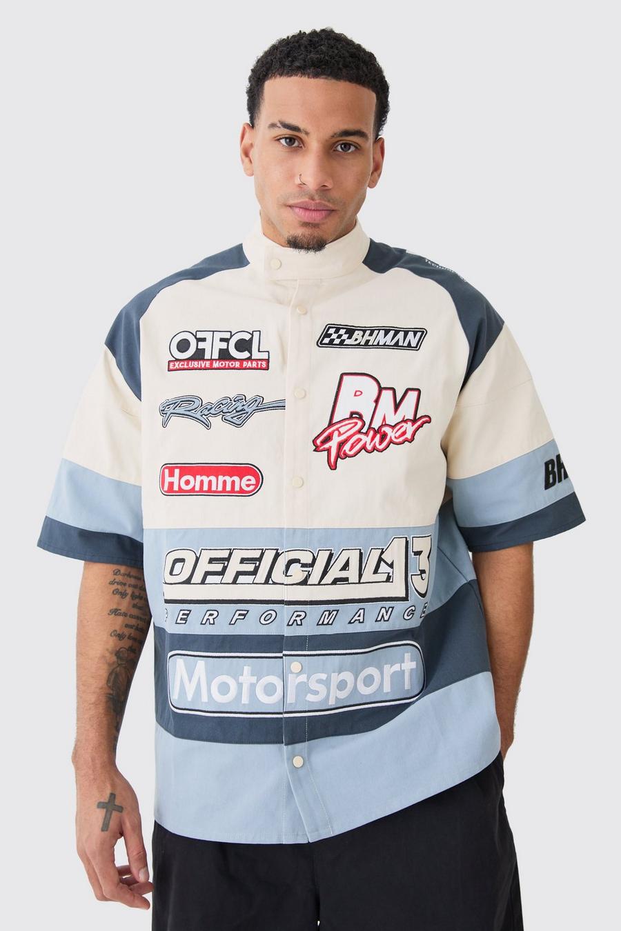 Camisa oversize de sarga gruesa con emblema de motociclismo, Ecru