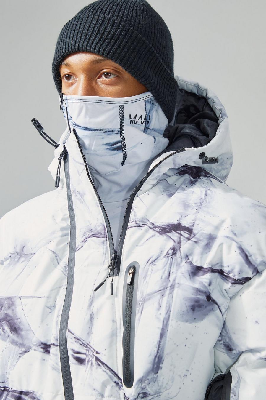 White Oversized Abstract Print Ski Puffer Jacket image number 1