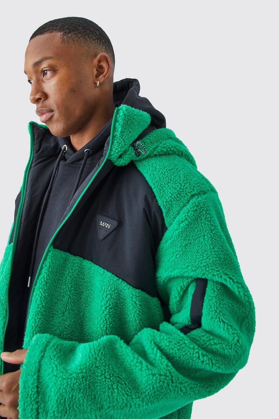 Green Borg & Nylon Mix Jacket With Hood image number 1