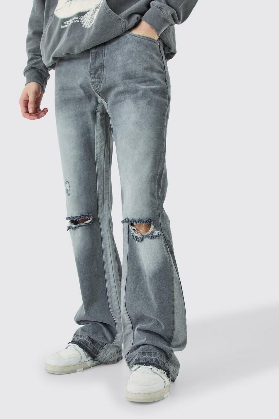 Jeans Tall rilassati in denim rigido slavato con inserti a zampa e strappi, Mid grey image number 1