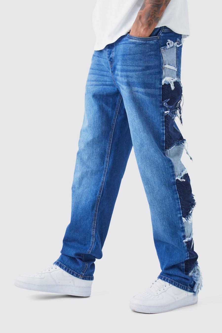 Mid blue Tall Jeans med patchwork och ledig passform image number 1