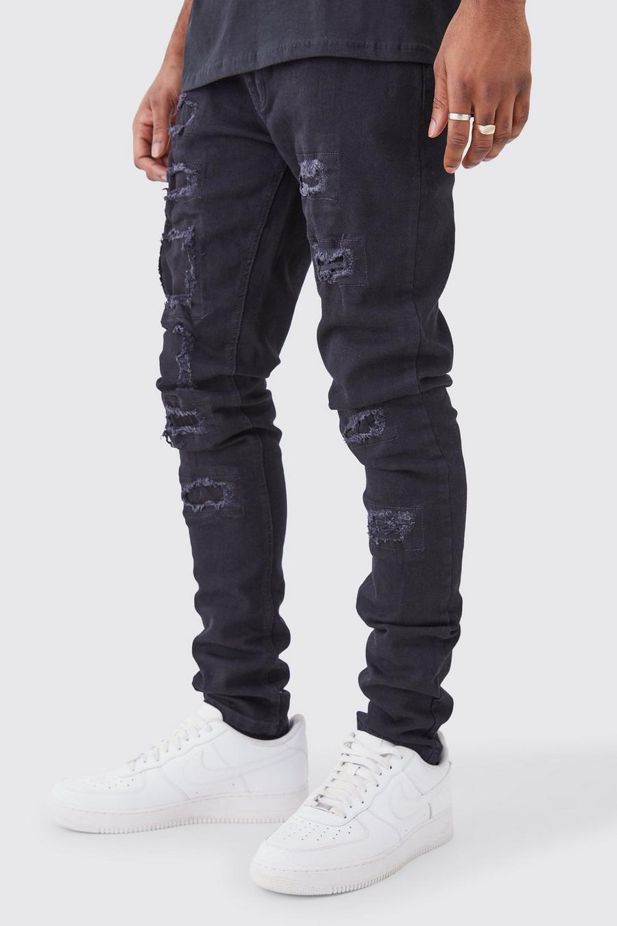 Jeans Tall Skinny Fit strappati con pieghe sul fondo e pieghe sul fondo, True black image number 1
