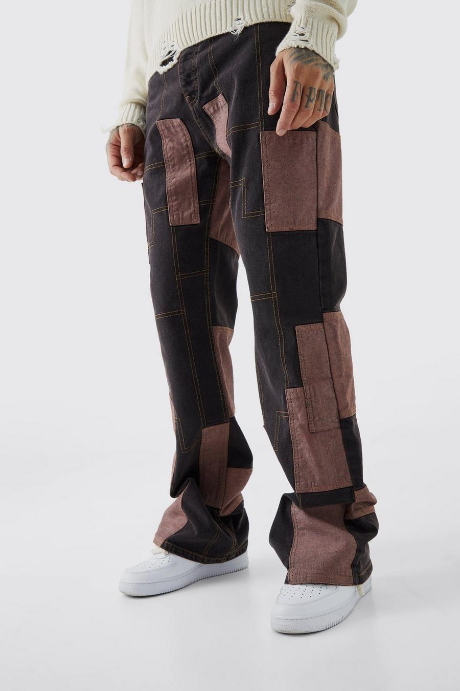Jeans a zampa Tall rilassati in denim rigido effetto patchwork, Chocolate image number 1