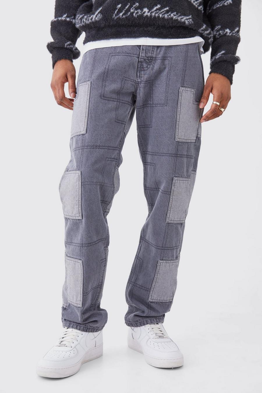 Light grey Tall Baggy jeans med patchwork image number 1