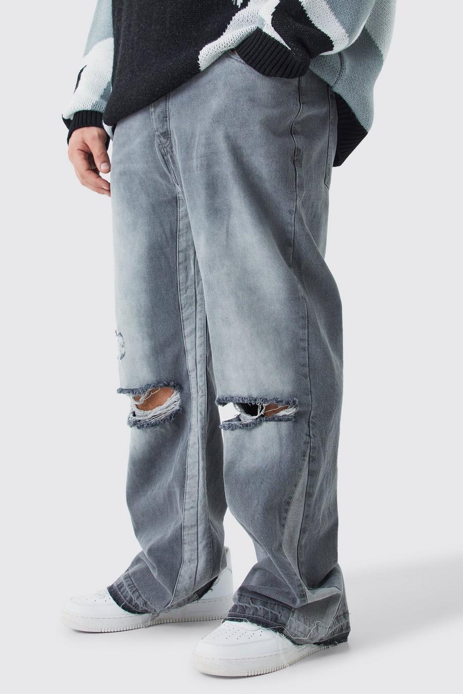 Mid grey Plus Relaxed Rigid Gusset Flare Washed Ripped Jeans image number 1