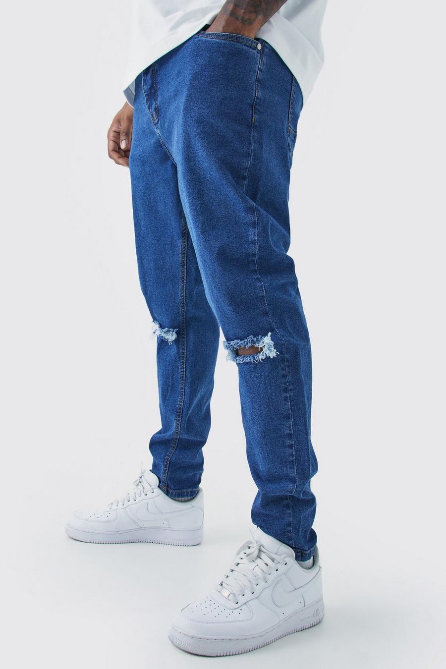 Mid blue Plus Super skinny jeans med slitna knän image number 1