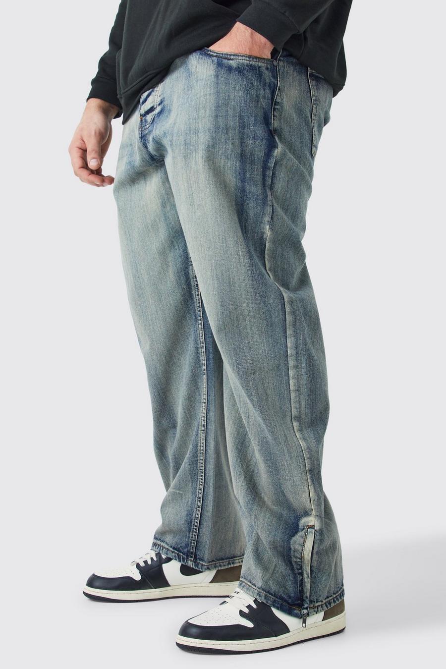Jeans rilassati Plus Size in denim rigido con zip sul fondo, Antique wash