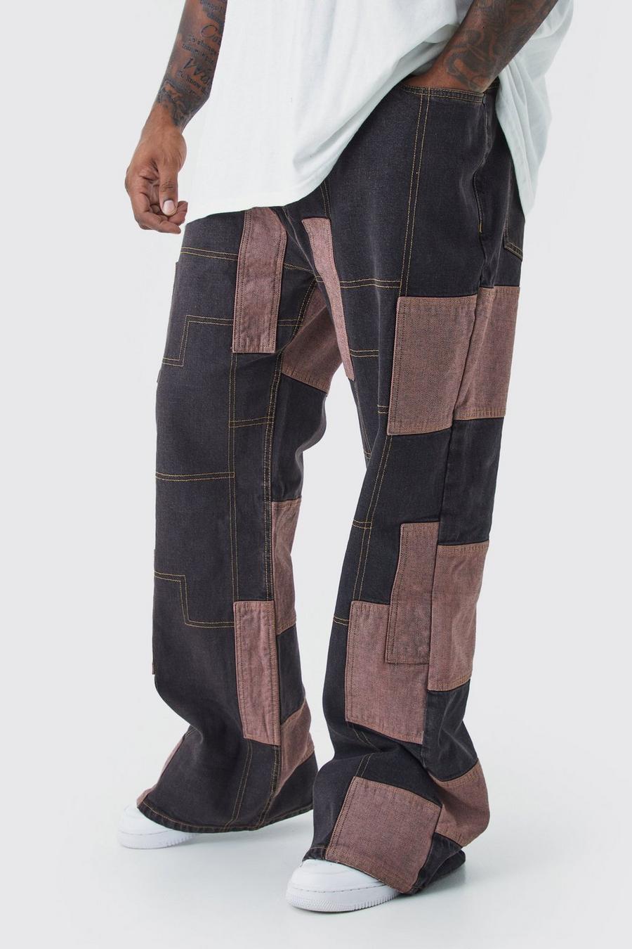 Jeans a zampa Plus Size in denim rigido effetto patchwork, Chocolate image number 1