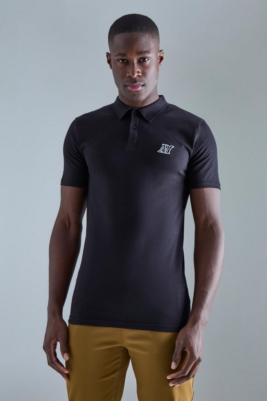 Slim-Fit Poloshirt mit Man-Stickerei, Black image number 1