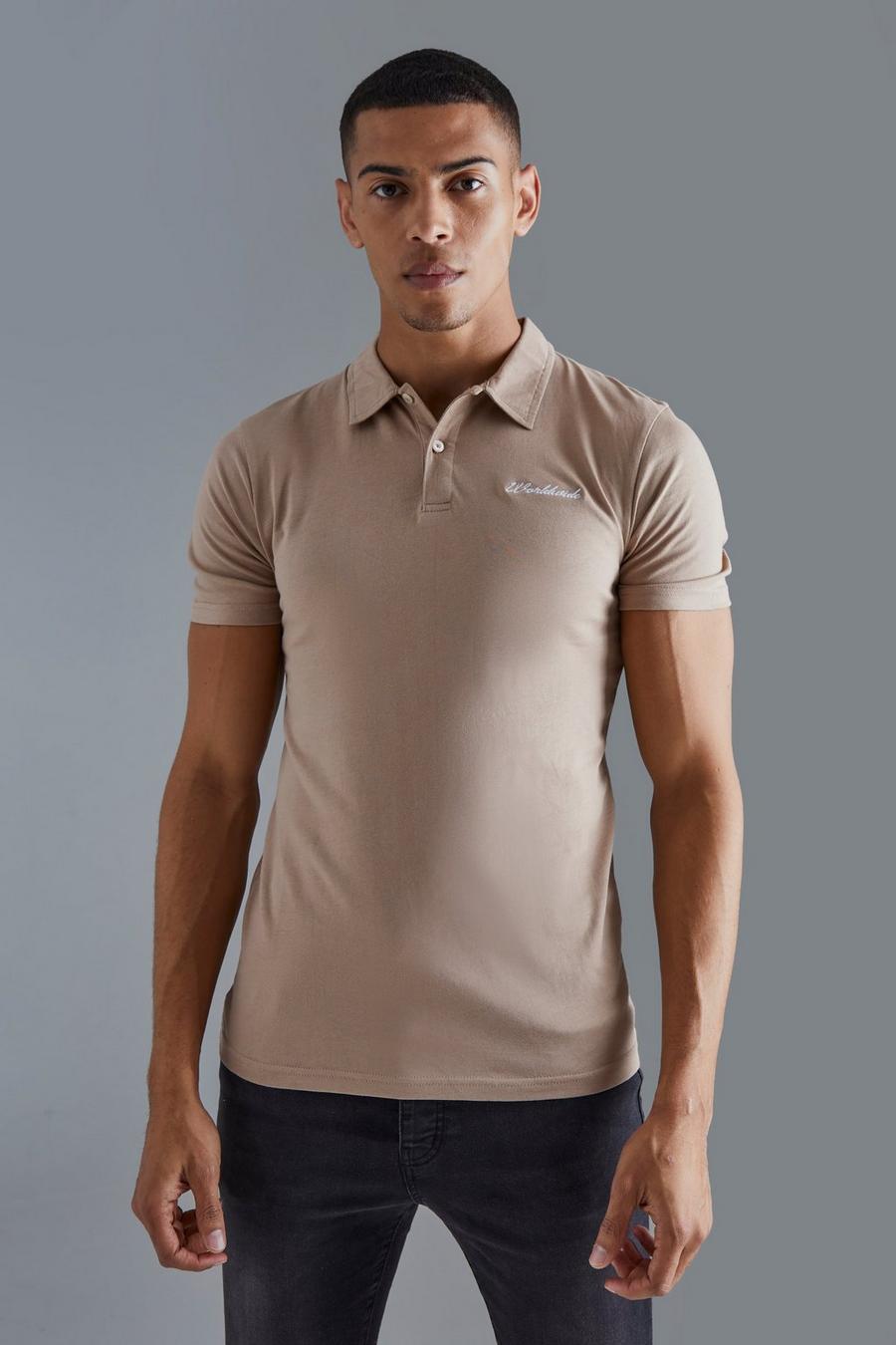 Slim-Fit Poloshirt mit Man-Stickerei, Beige image number 1