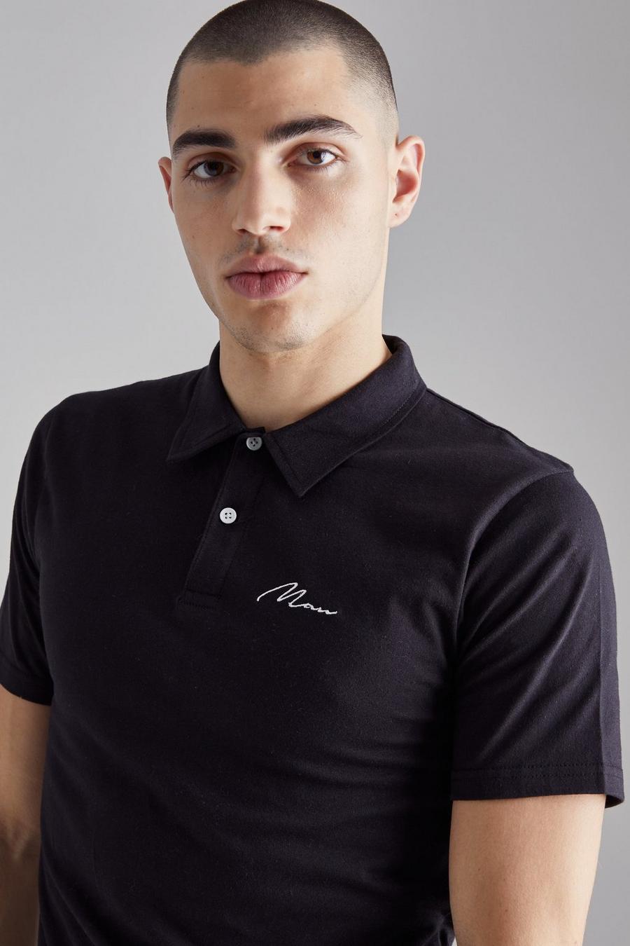 Slim-Fit Poloshirt mit Man-Stickerei, Black