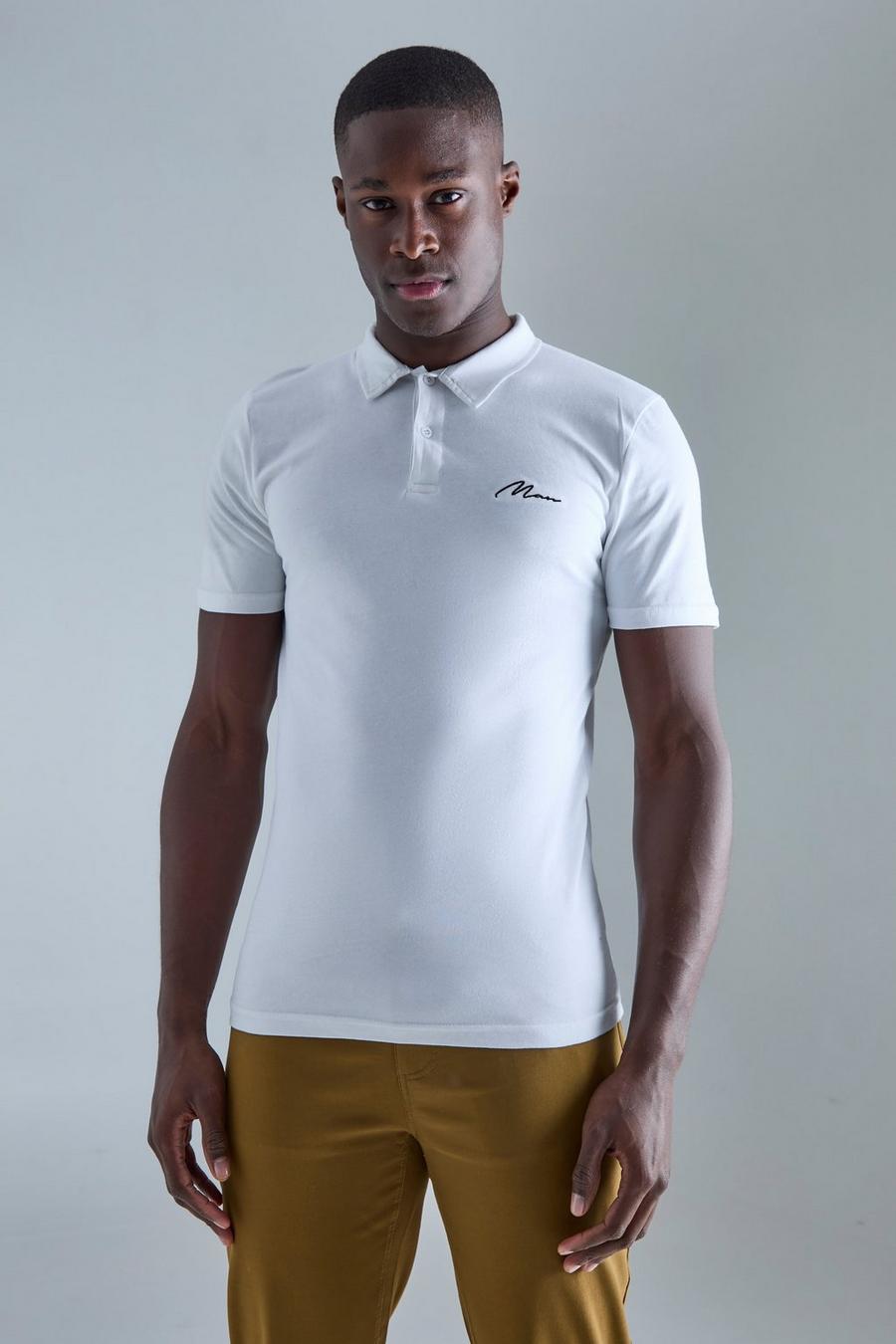 Slim-Fit Poloshirt mit Man-Stickerei, White image number 1