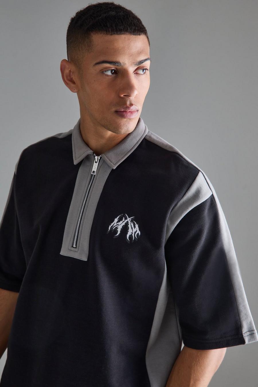 Oversize Colorblock Polo-Sweatshirt, Black image number 1