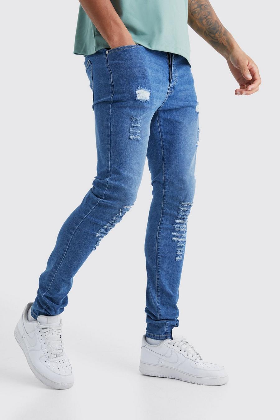 Mid blue Tall Skinny Jeans With All Over Rips
