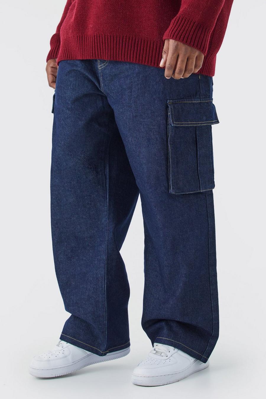 Jeans Cargo rigidi Plus Size rilassati, Indigo