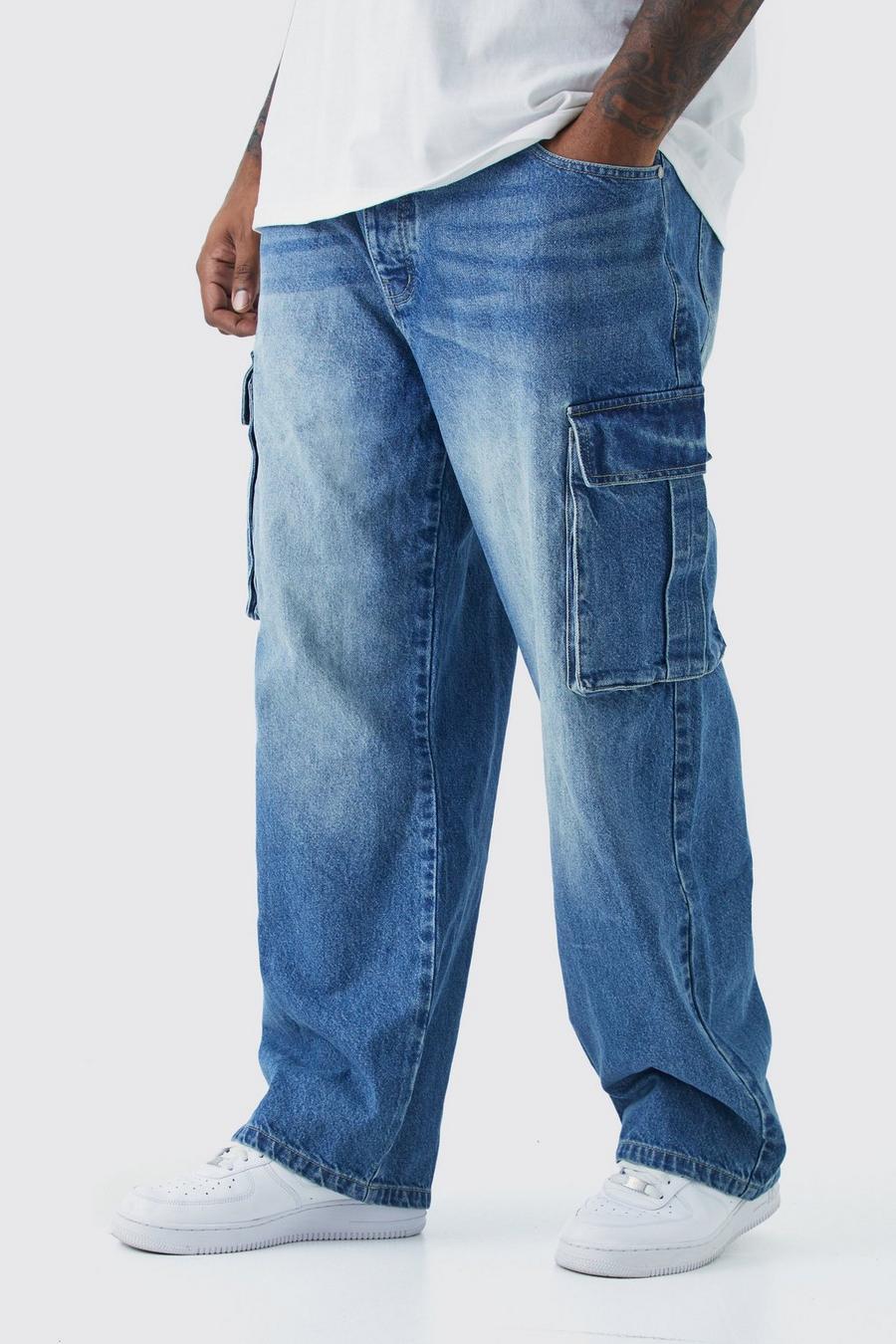 Mid blue Plus Onbewerkte Baggy Cargo Jeans image number 1