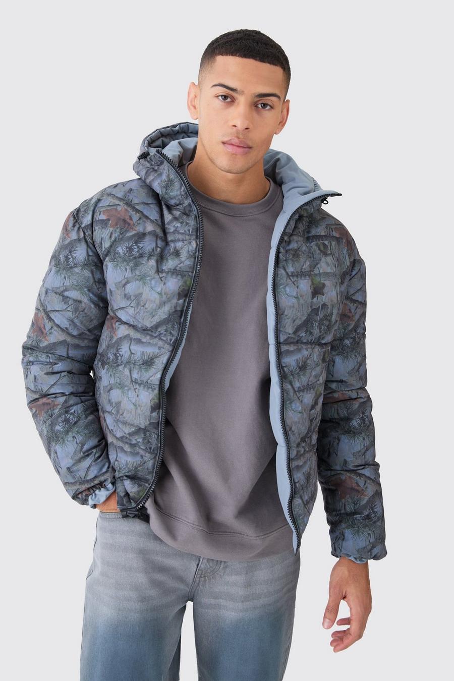 Grey Reversible Camo Puffer Quilt Jacket image number 1