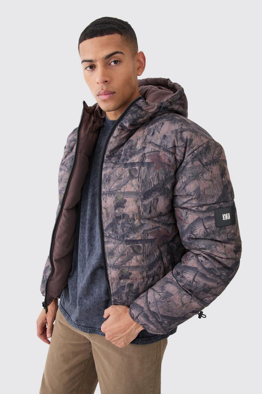 Brown Reversible Camo Puffer Jacket image number 1