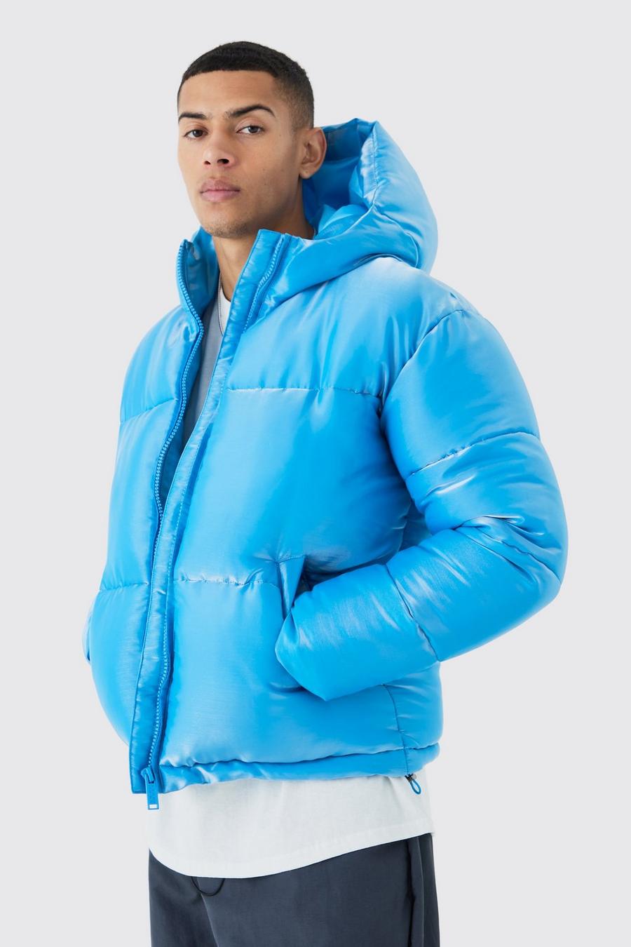 Blue Liquid Metallic Nylon Puffer Jacket