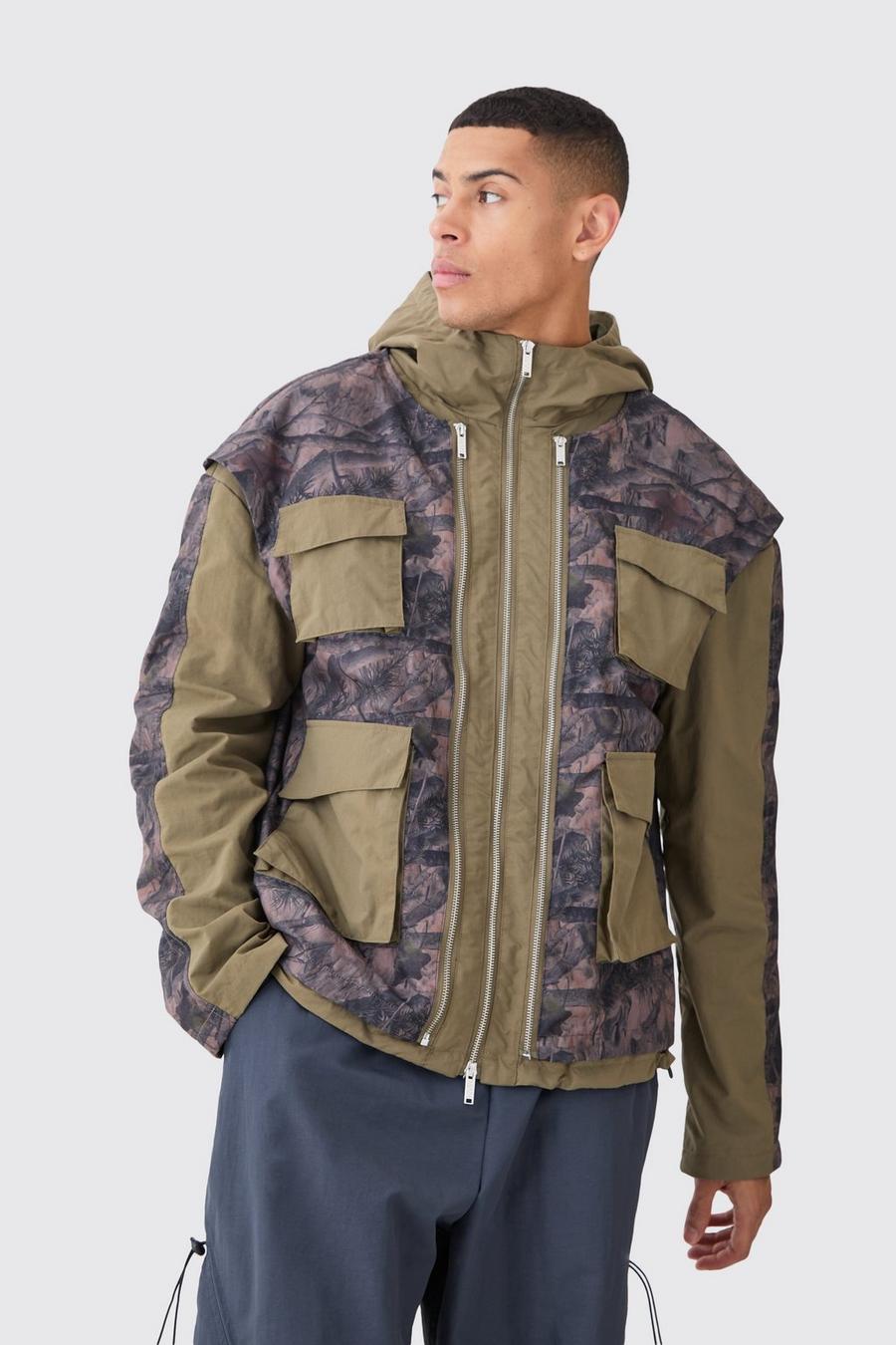 Veste utilitaire délavée en nylon à imprimé camouflage, Khaki image number 1