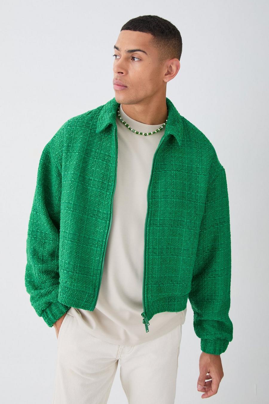 Green Oversized Boxy Boucle Zip Through Jacket