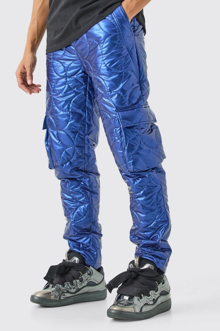 Blue Elasticated Waist Metallic Quilted Cargo Trousers