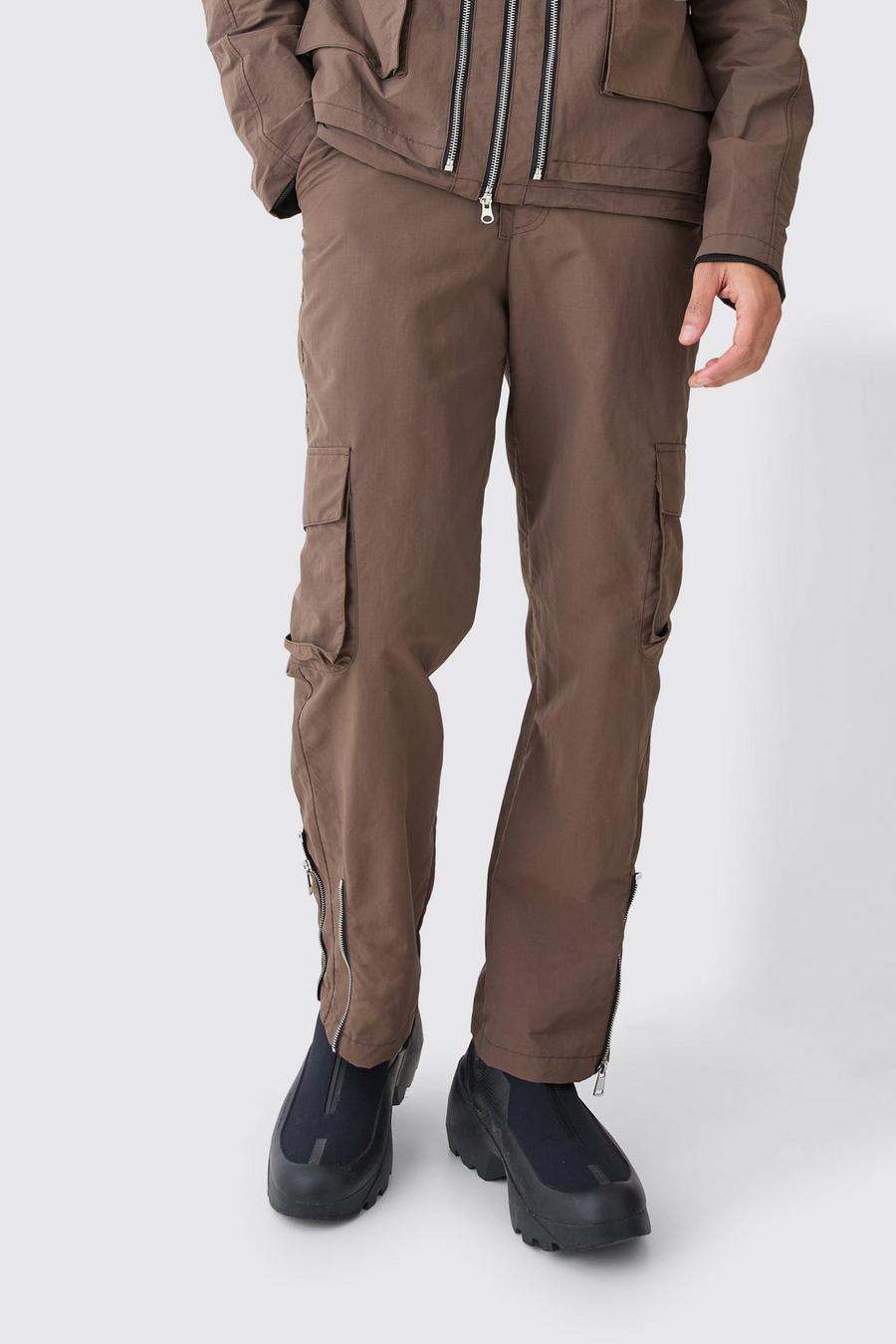 Khaki Fixed Waist Washed Nylon Cargo Trousers image number 1