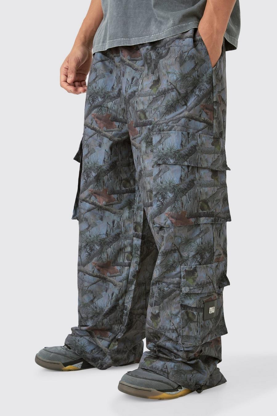 Brown Elasticated Waist Camo Parachute Cargo Trousers image number 1