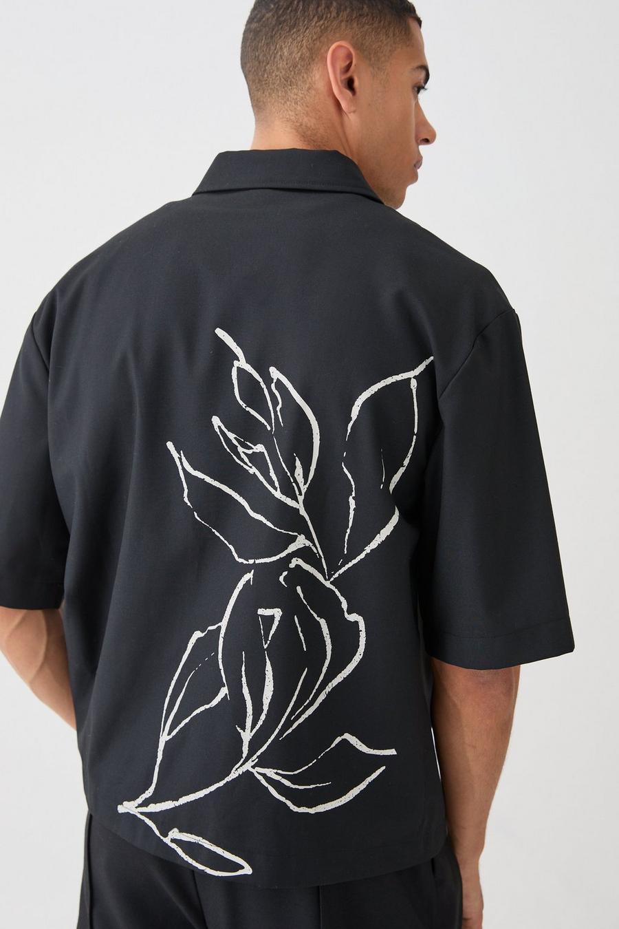 Black Oversized Stretch Floral Print Shirt image number 1
