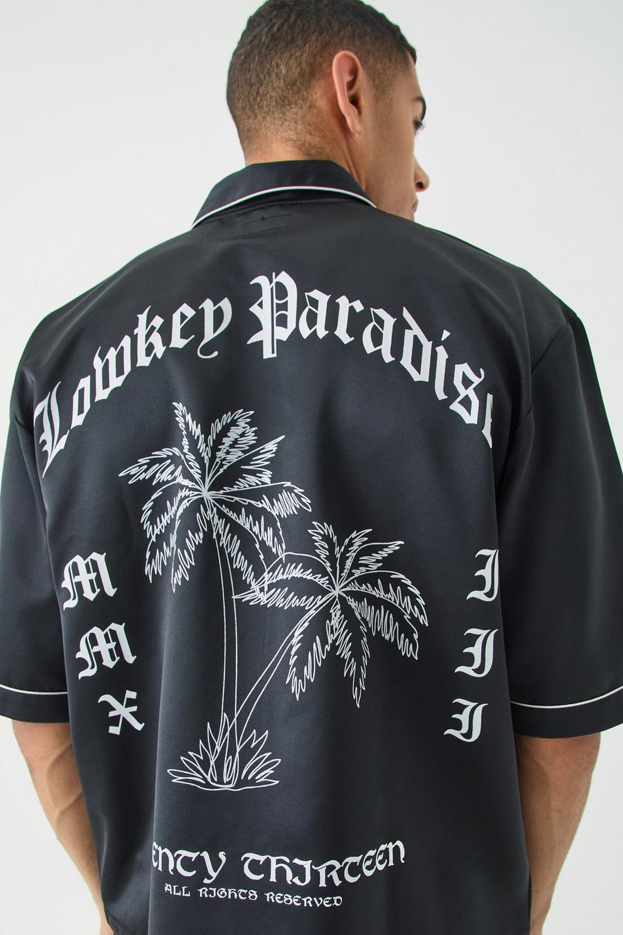 Oversize Satin-Hemd mit Low Key Paradise Print, Black