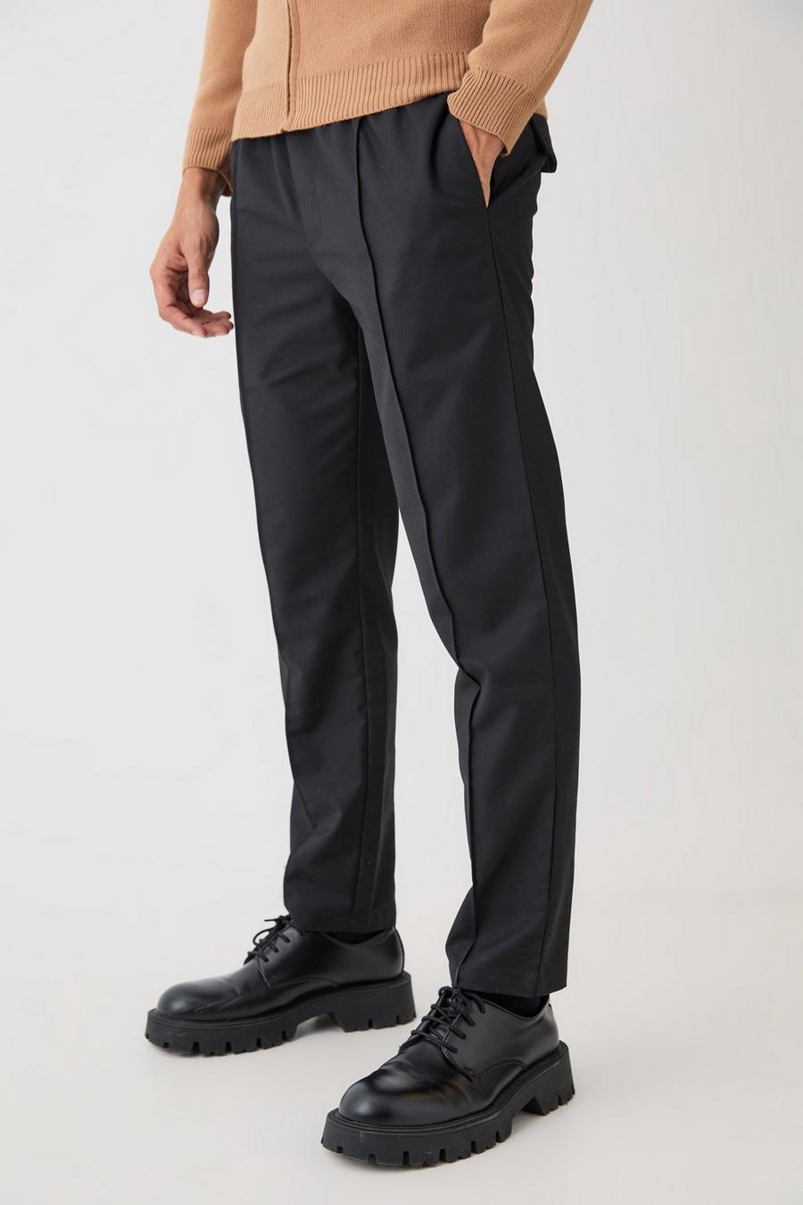 Black Textured Tailored Belted Relaxed Fit Trousers image number 1
