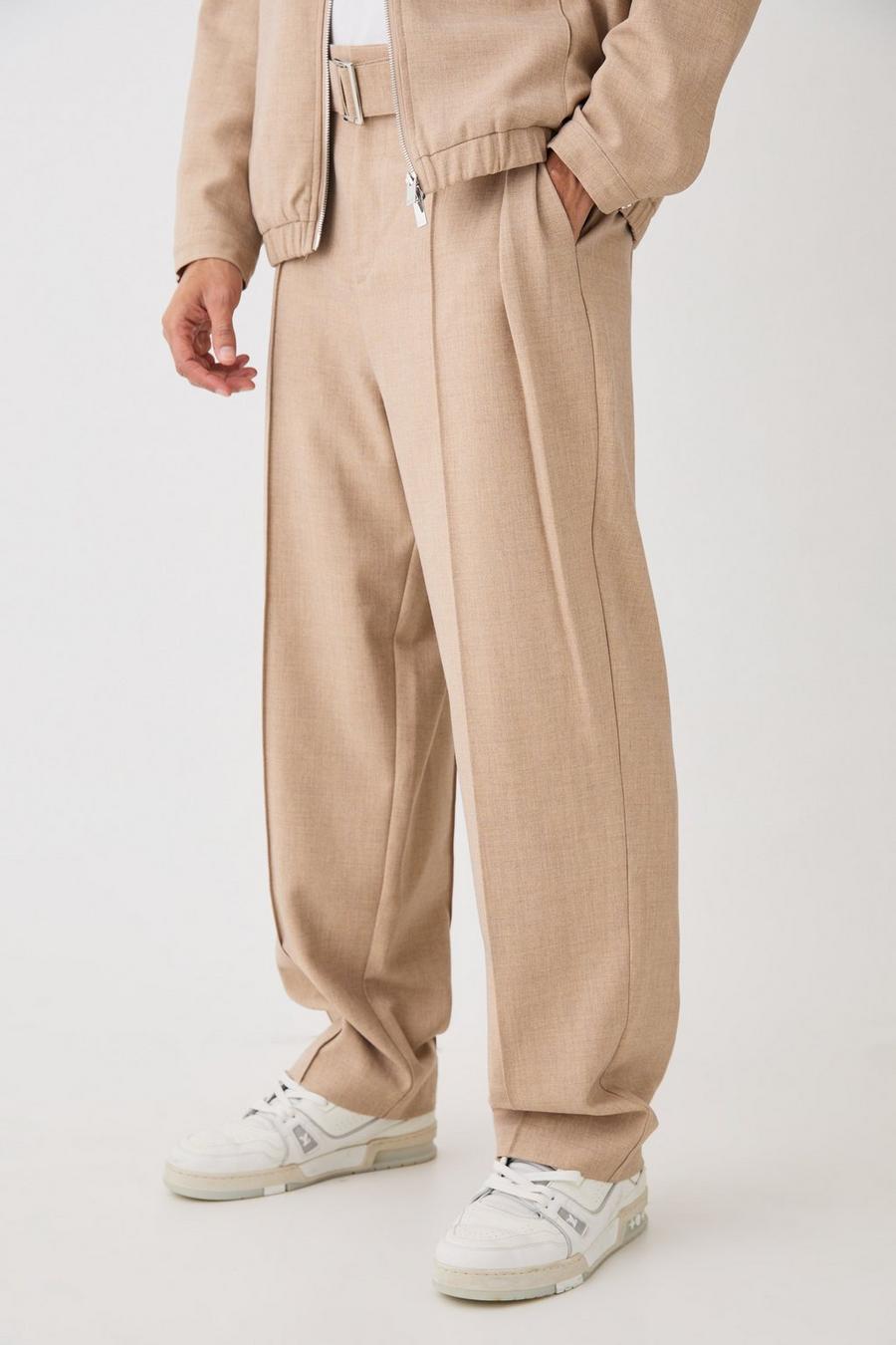 Taupe Textured Tailored Belted Relaxed Fit Trousers image number 1