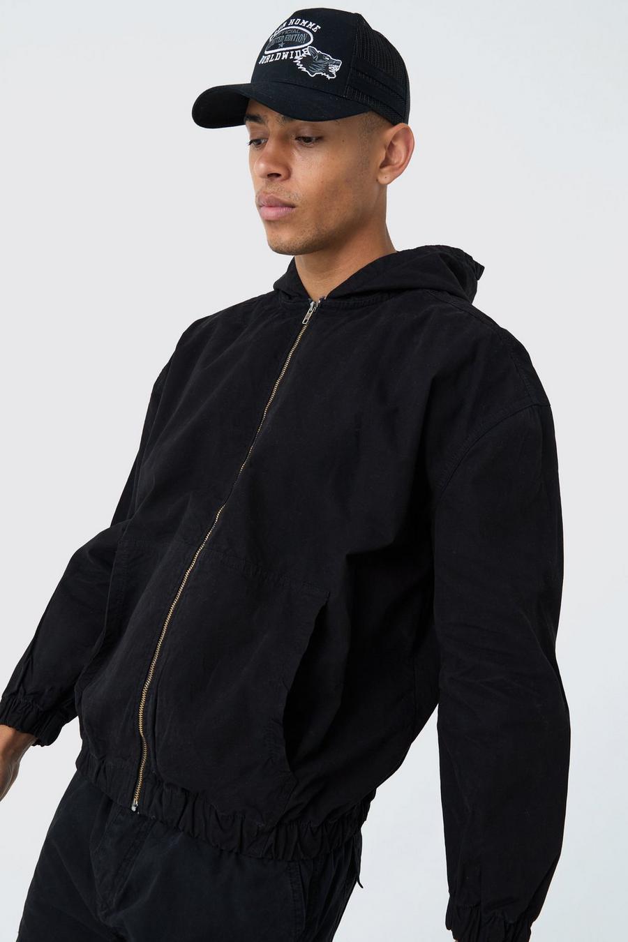 Black Branded Plaque Detail Twill Hooded Shirt Jacket