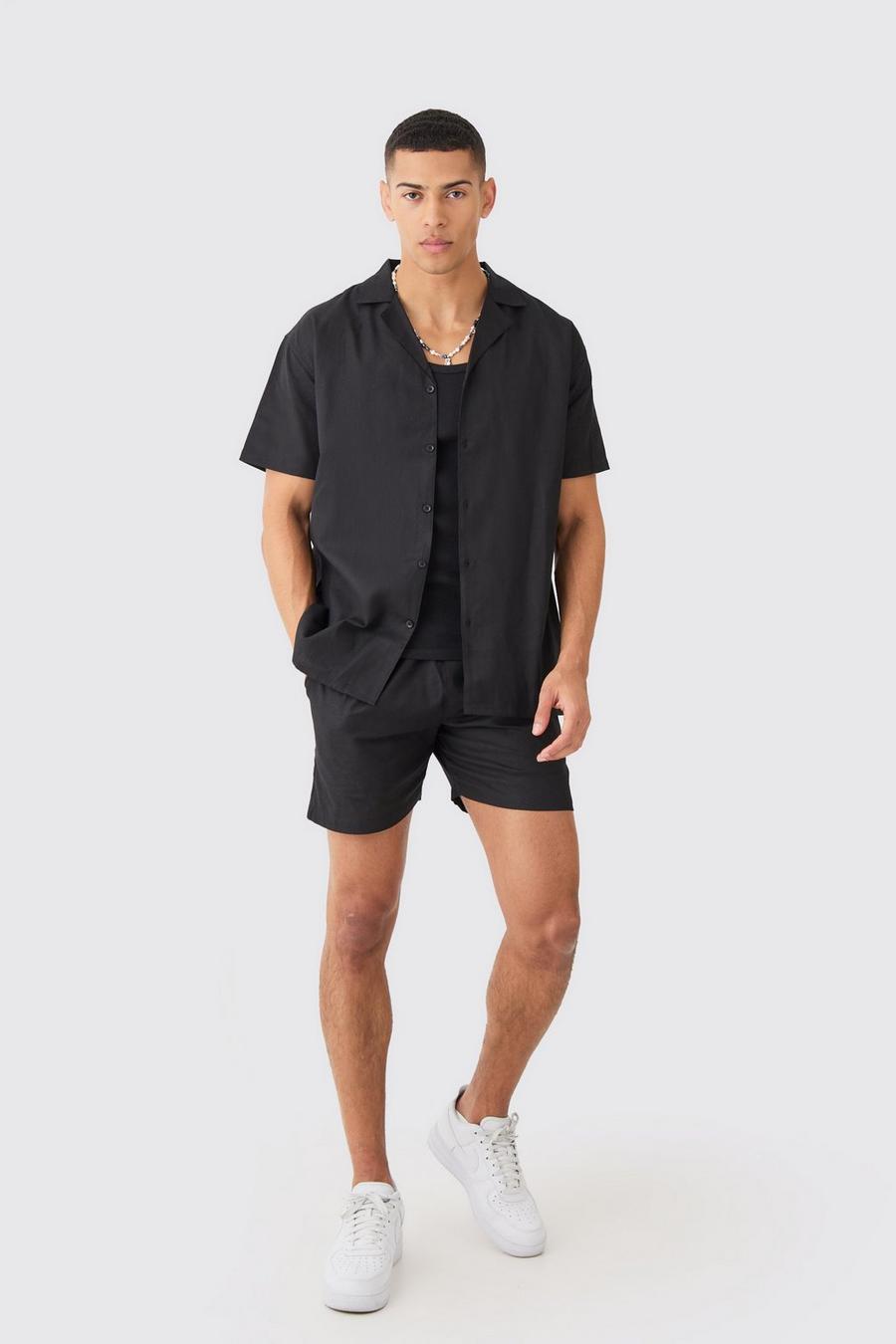 Black Oversized Linnen Overhemd Met Korte Mouwen En Shorts image number 1