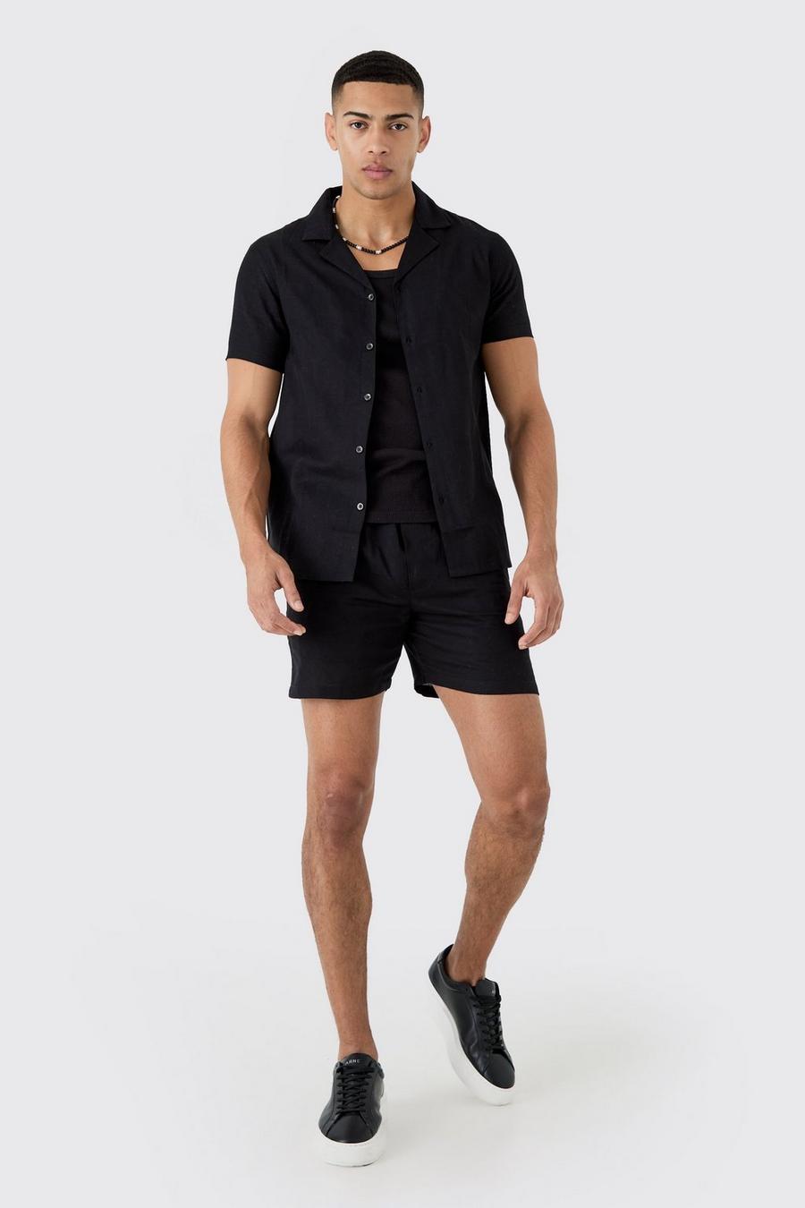 Black Linnen Overhemd Met Korte Mouwen En Shorts