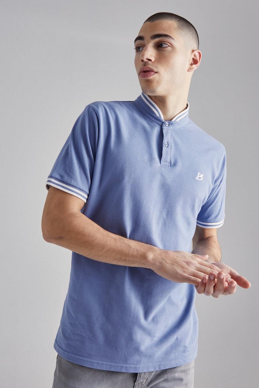 Slim-Fit Pique Poloshirt mit Grandad-Kragen, Blue