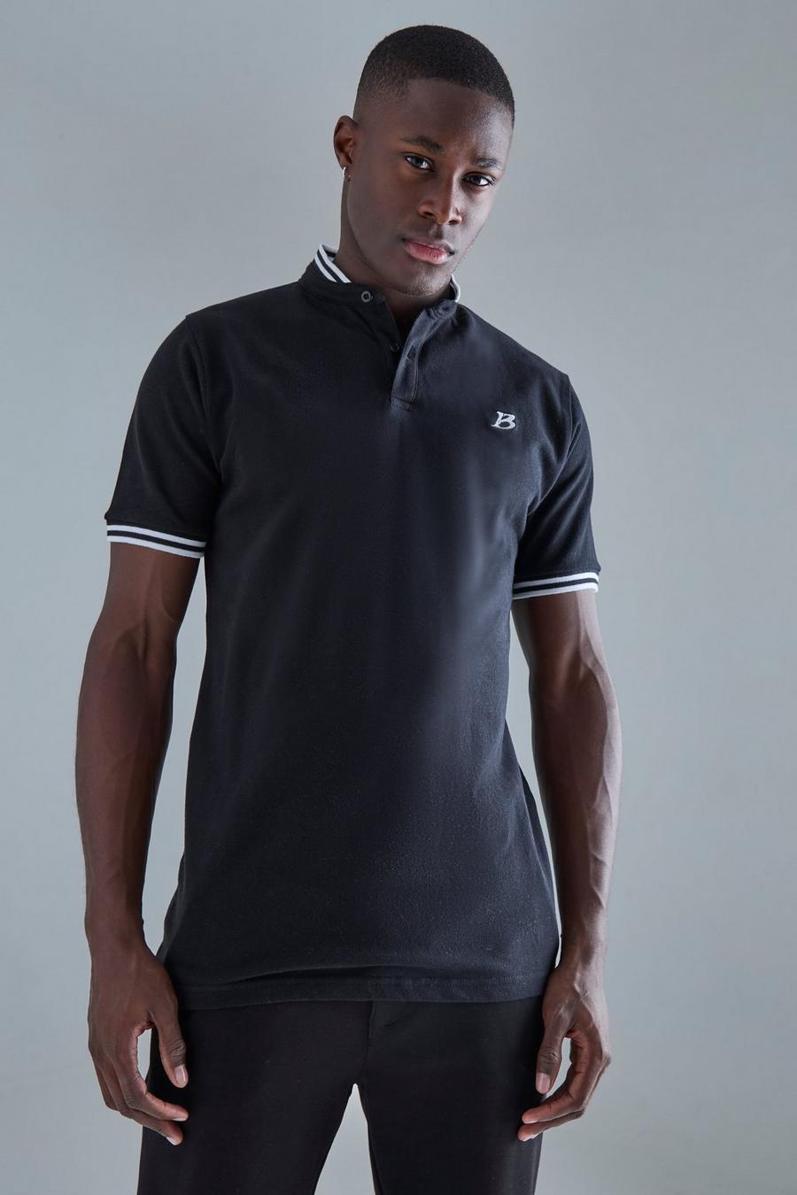 Slim-Fit Pique Poloshirt mit Grandad-Kragen, Black image number 1