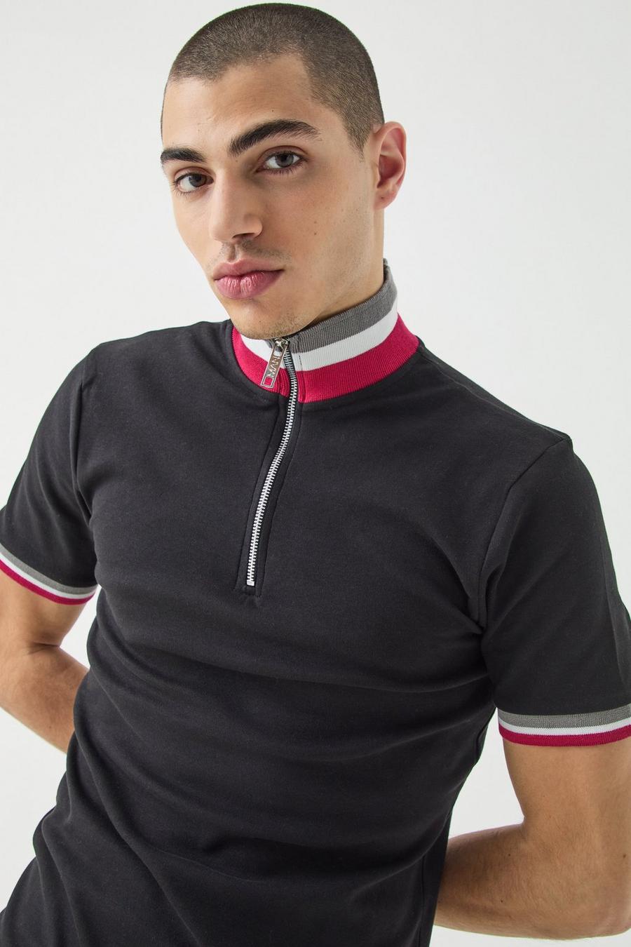 Black Gestreepte Muscle Fit Polo image number 1