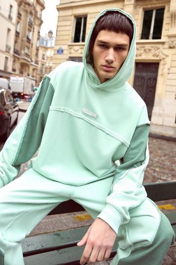 Mint Green Oversized Loopback Raw Hem Panel Hoodie