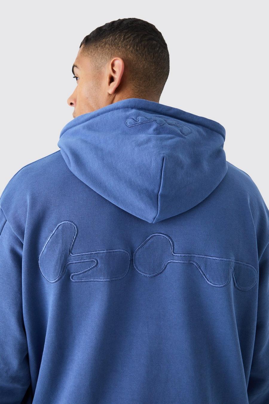 Blue Oversized Loopback Ribbed Applique Hoodie image number 1