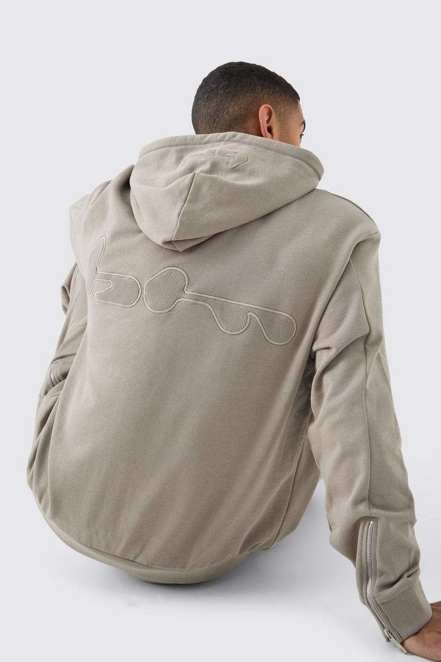 Pale grey Oversize ribbad hoodie med applikation image number 1