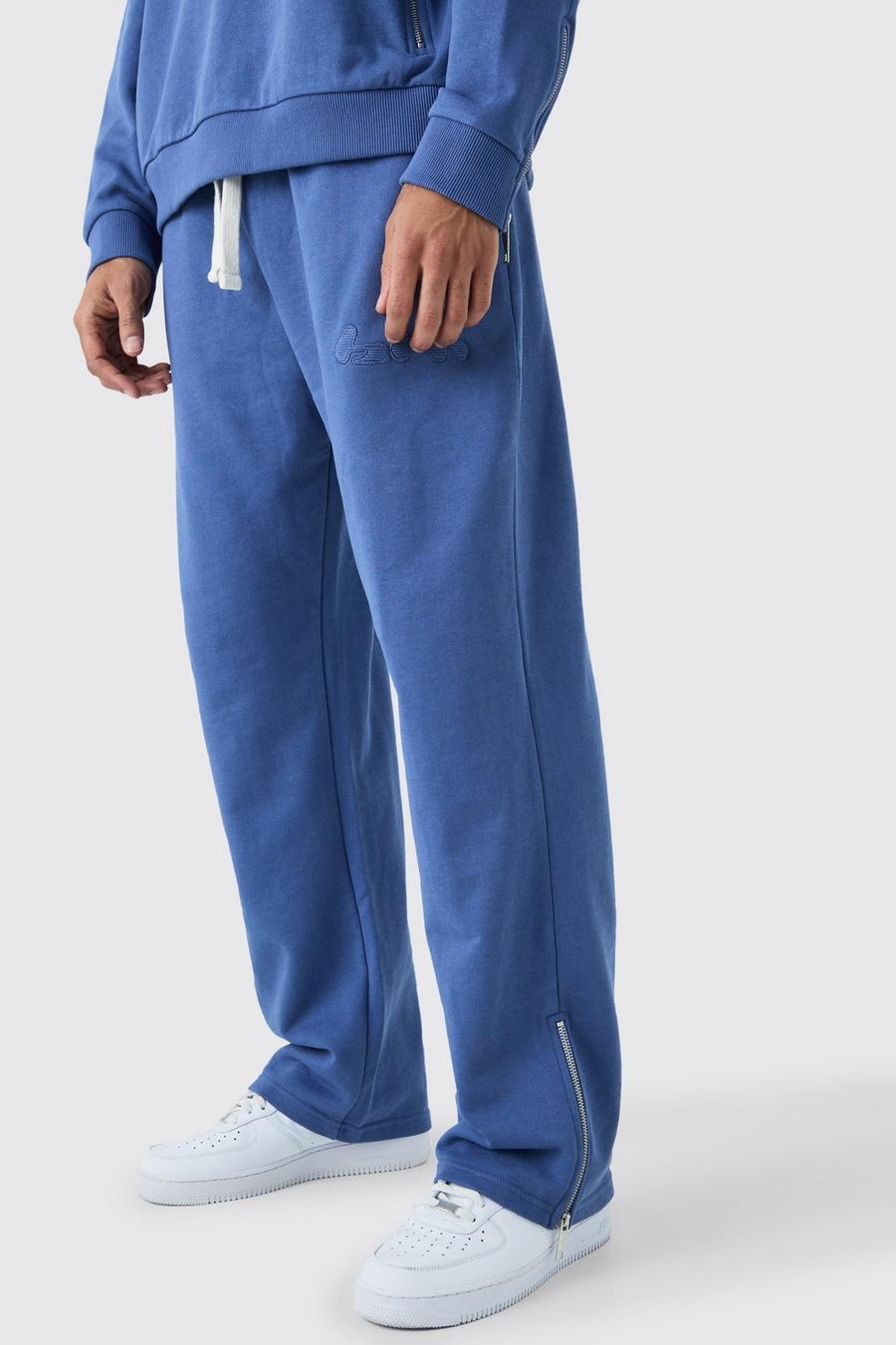 Pantalón deportivo oversize de canalé y tela rizo con aplique y cremallera, Blue image number 1
