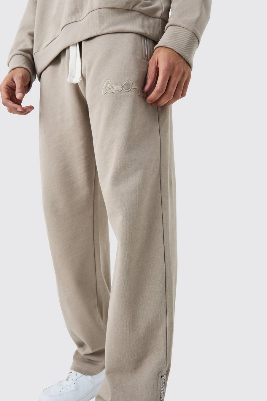 Pantalón deportivo oversize de canalé y tela rizo con aplique y cremallera, Pale grey image number 1