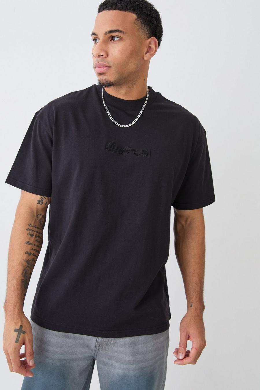 Camiseta oversize de tela gofre con apliques, Black image number 1