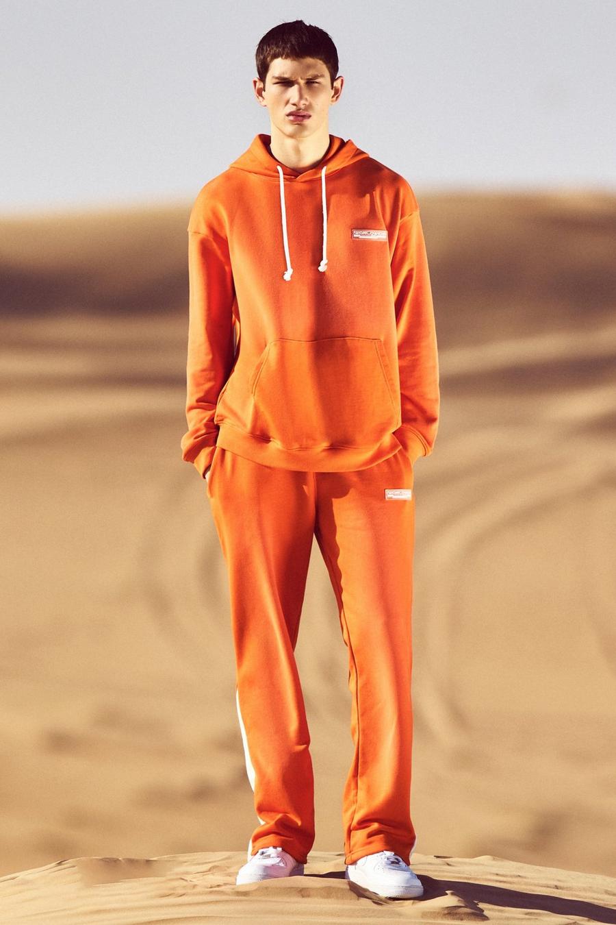 Chándal oversize de tela rizo desteñida con capucha y refuerzos, Orange image number 1