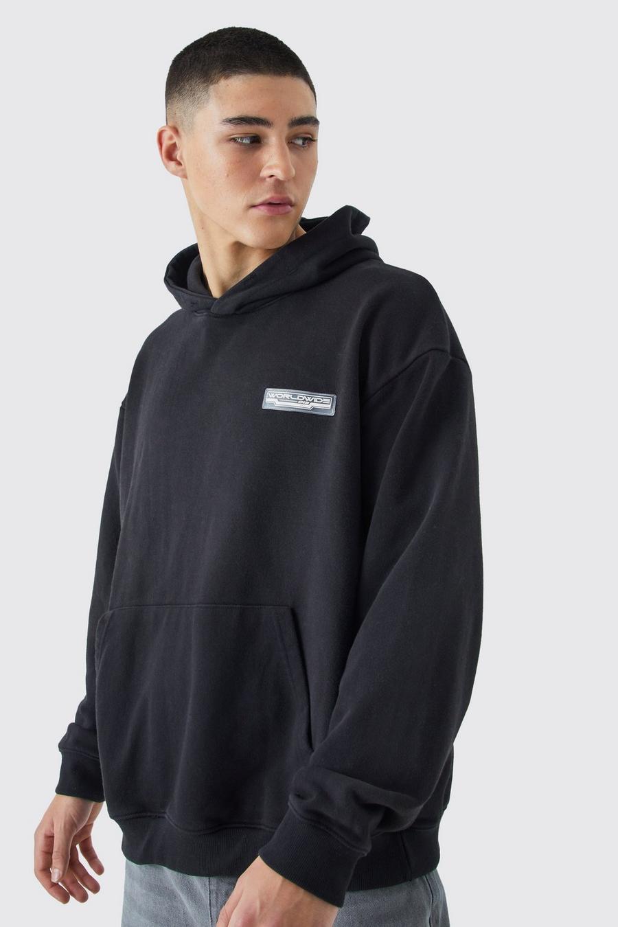 Black Oversized Washed Loopback Rubber Badge Hoodie