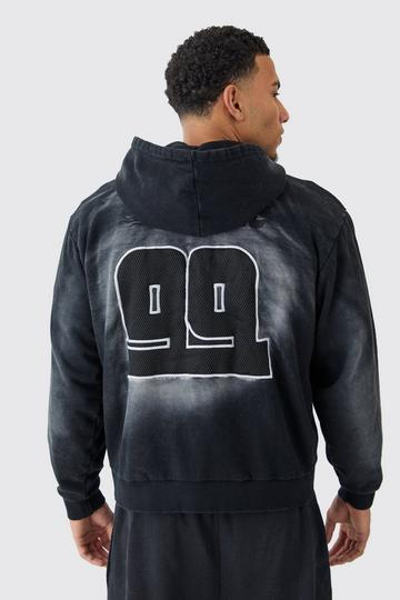 Oversized Zip Thru Heavy Washed Applique Hoodie black