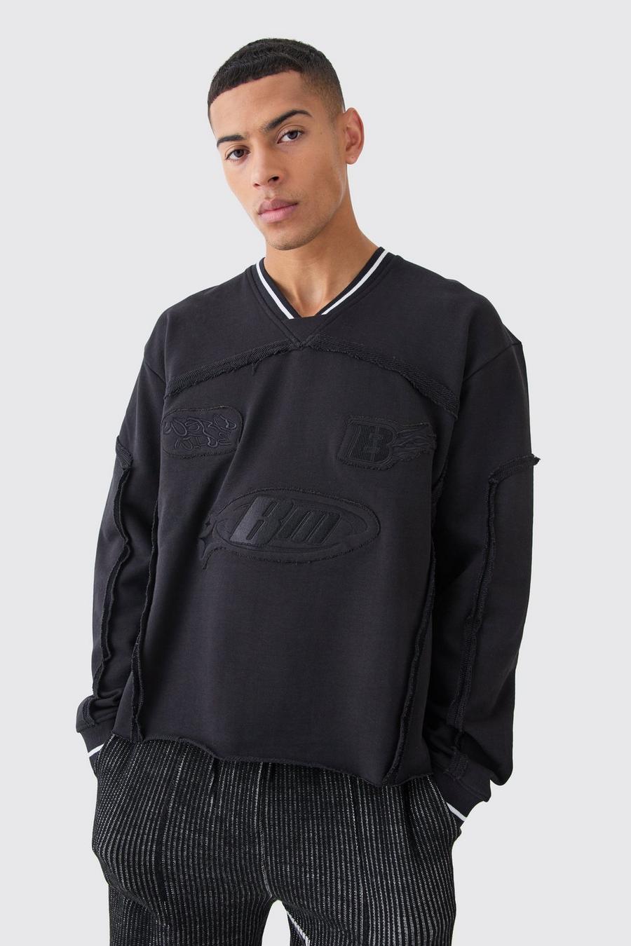 Kastiges geripptes Oversize Sweatshirt mit Stickerei, Black image number 1